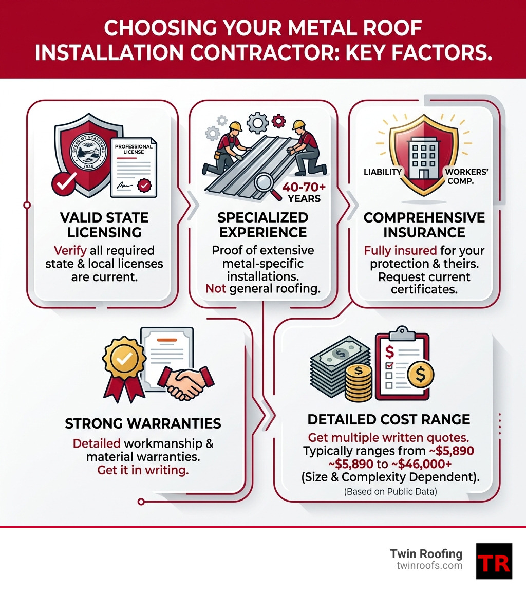 Infographic showing key factors in choosing a metal roof installation contractor: licensing, experience, insurance Infographic showing key factors in choosing a metal roof installation contractor: licensing, experience, insurance