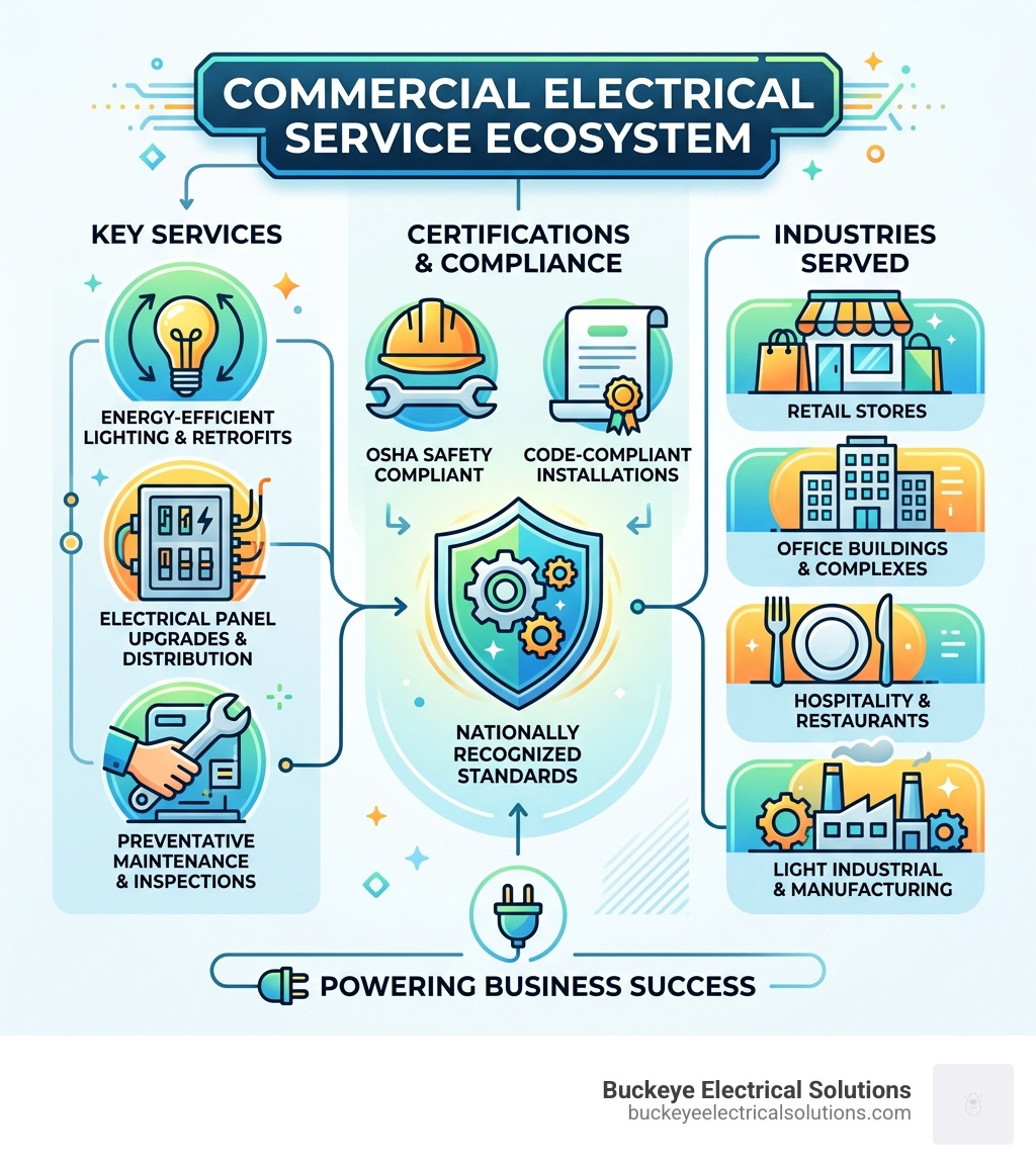 Infographic showing the commercial electrical service ecosystem including key services, certifications, and industries