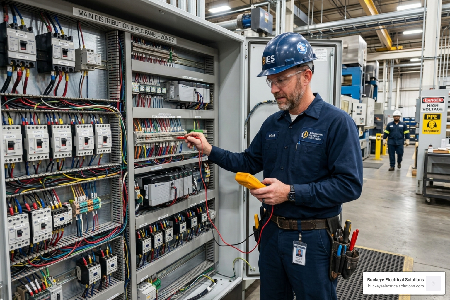 Professional electrician in a branded uniform inspecting a large commercial control panel with detailed components