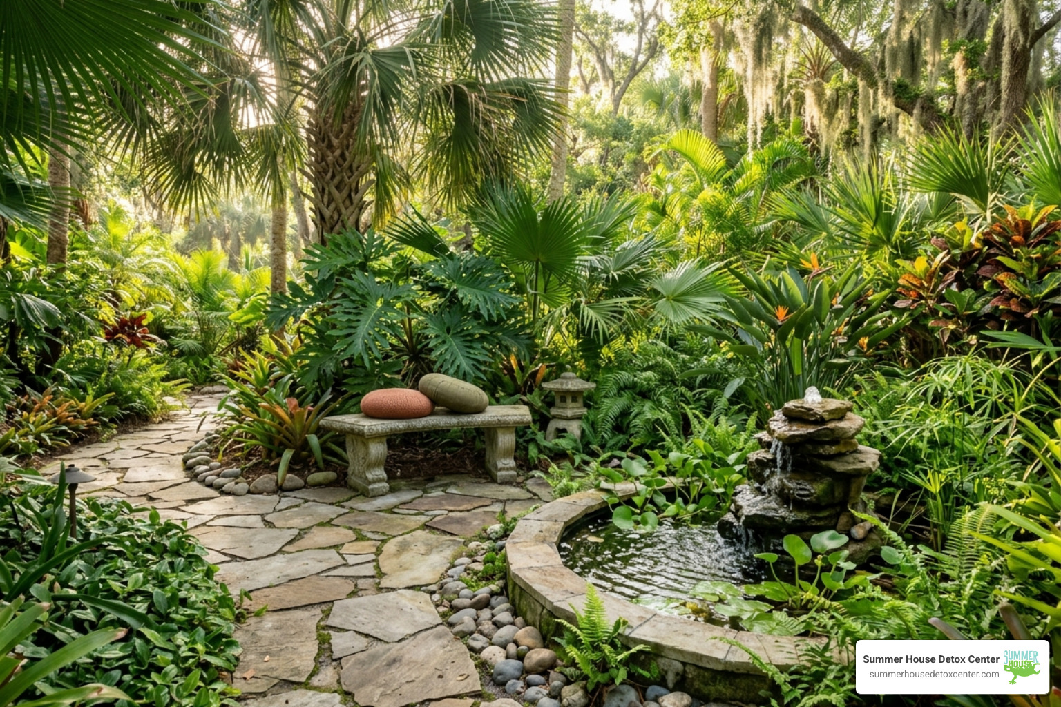 A serene outdoor meditation garden with lush Florida greenery - luxury detox Miami