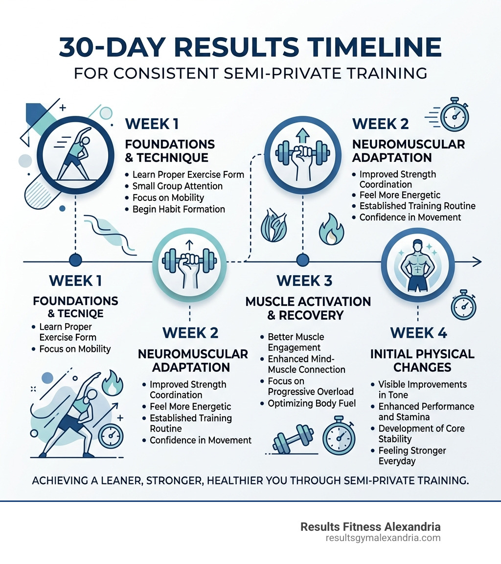 Infographic showing the 30-day results timeline for consistent semi-private training - semi private personal training near