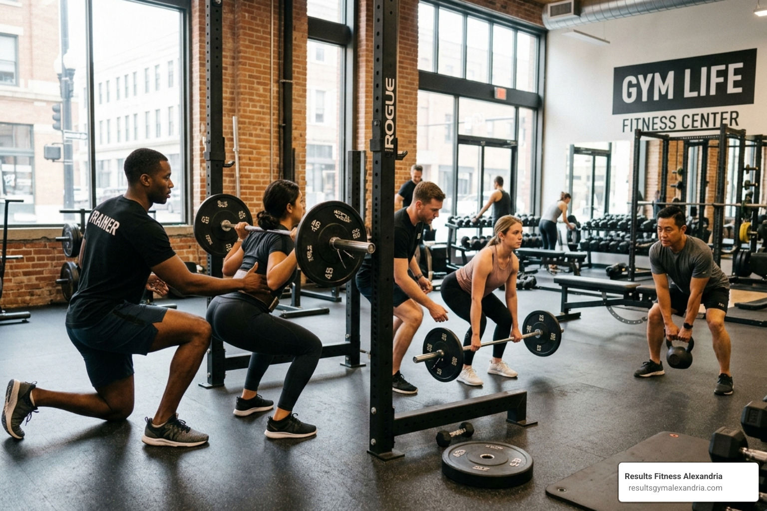 Personal trainer providing hands-on form adjustment for a client in a small group setting - semi private personal training