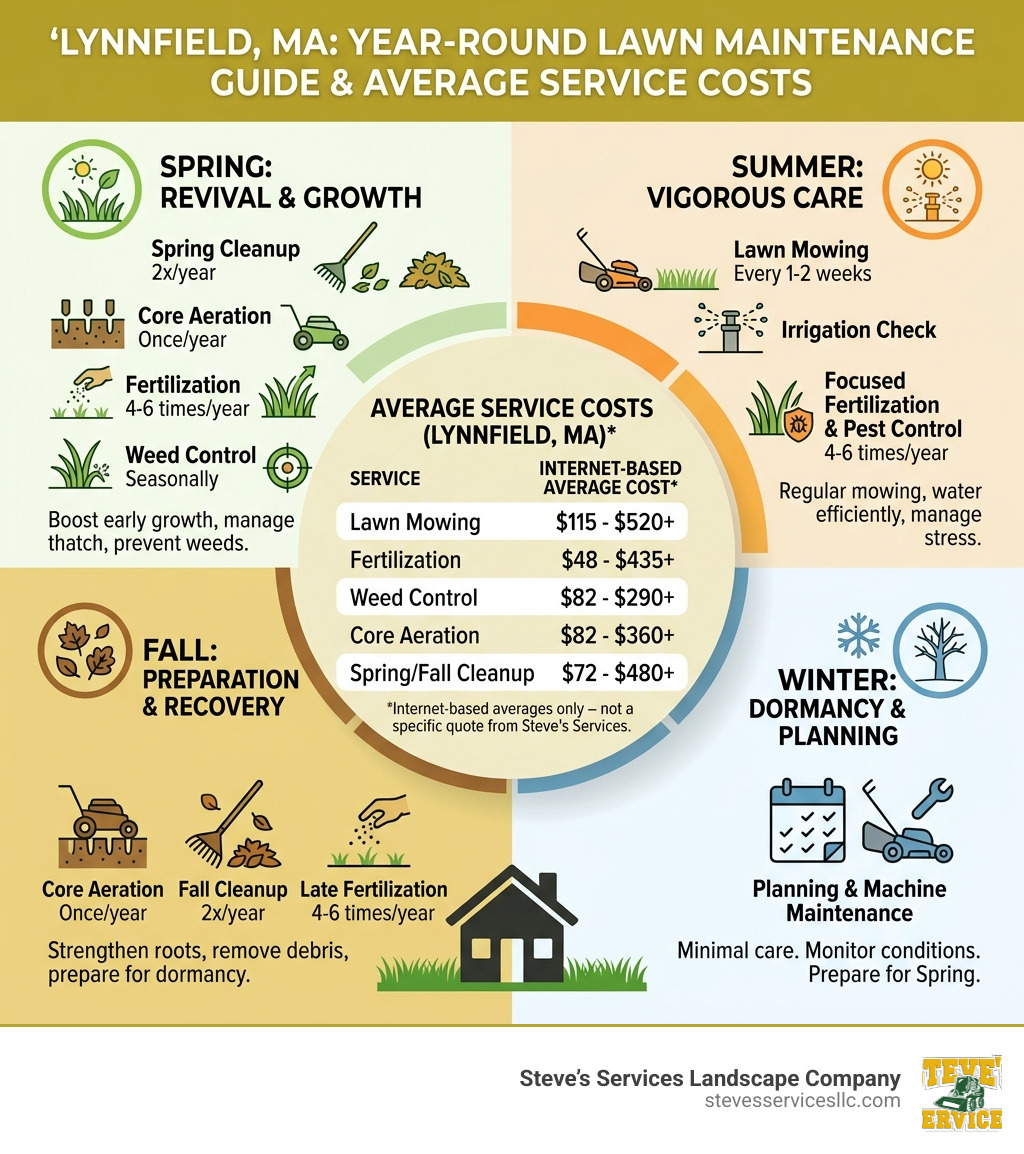 Infographic showing year-round lawn maintenance schedule and average service costs for Lynnfield MA - Lawn maintenance