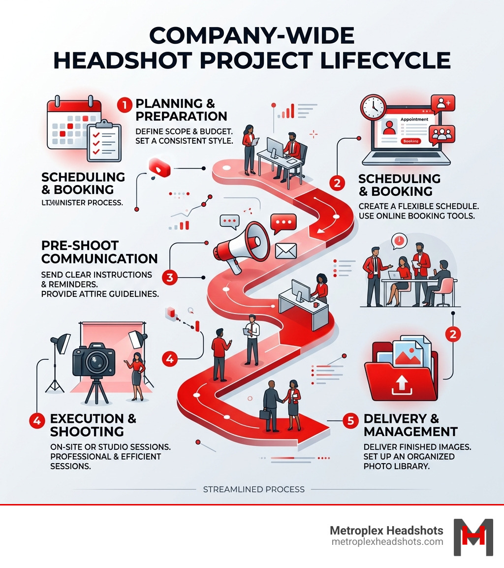 Company-wide headshot project lifecycle from planning to delivery infographic - company wide headshots infographic Company-wide headshot project lifecycle from planning to delivery infographic - company wide headshots infographic