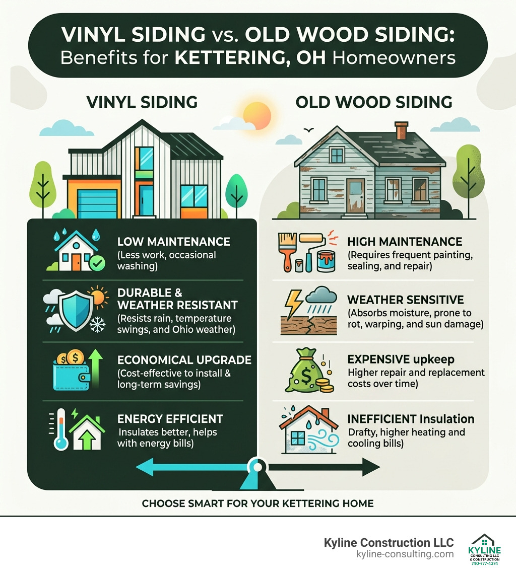 Benefits of vinyl siding vs old wood siding for Kettering OH homeowners infographic - siding installation kettering oh