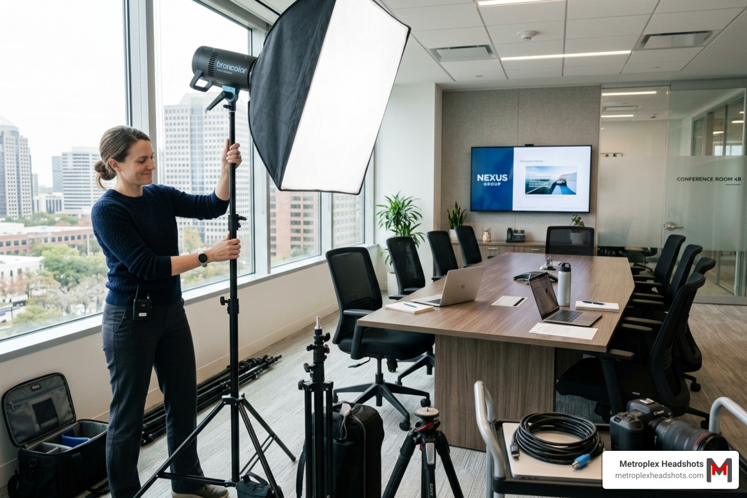 Photographer setting up professional lighting in a corporate conference room - company wide headshots Photographer setting up professional lighting in a corporate conference room - company wide headshots