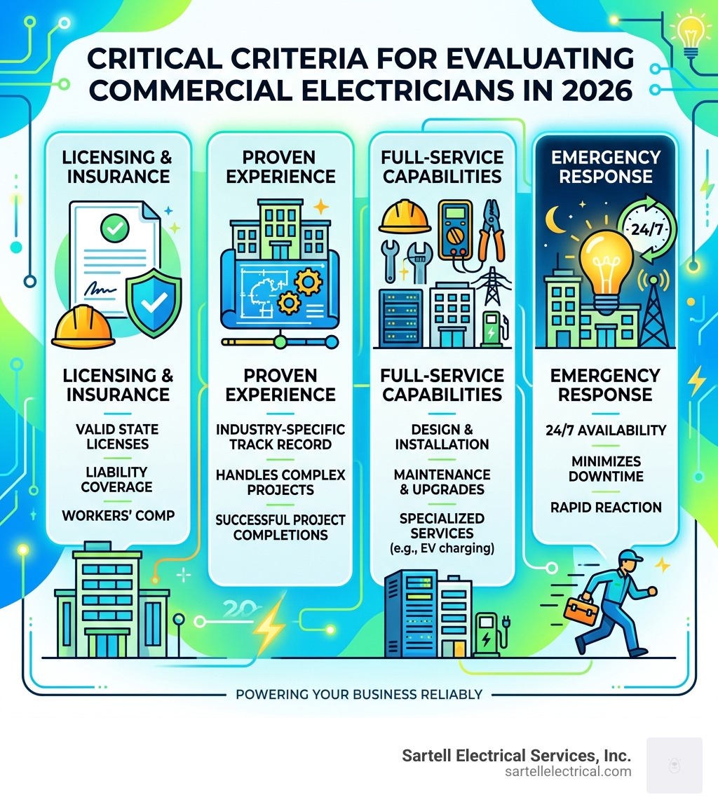 Key criteria for evaluating commercial electricians in 2026: licensing, experience, services, and emergency response Key criteria for evaluating commercial electricians in 2026: licensing, experience, services, and emergency response