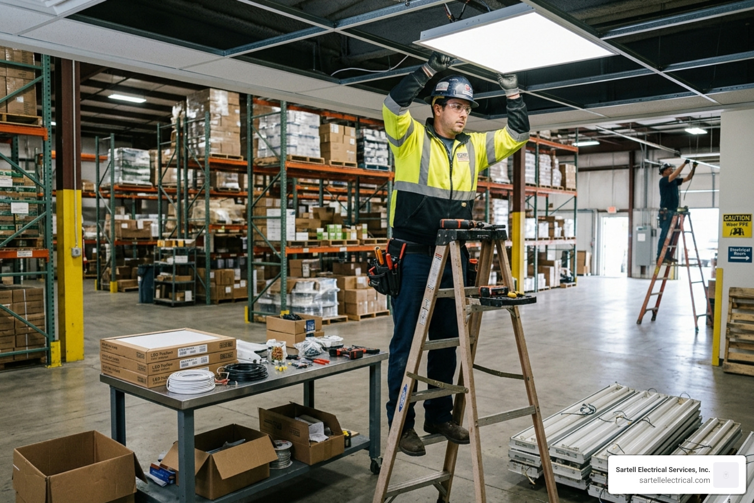 Electrician performing an LED lighting retrofit in a commercial warehouse - commercial electricians Electrician performing an LED lighting retrofit in a commercial warehouse - commercial electricians
