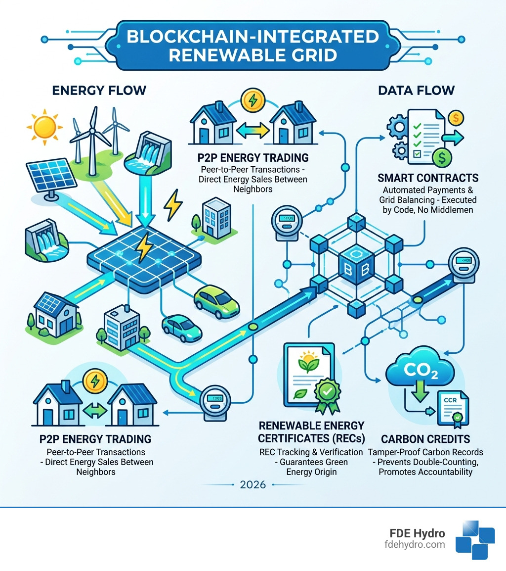Infographic showing energy and data flow in a blockchain-integrated renewable grid with P2P trading, smart contracts, RECs
