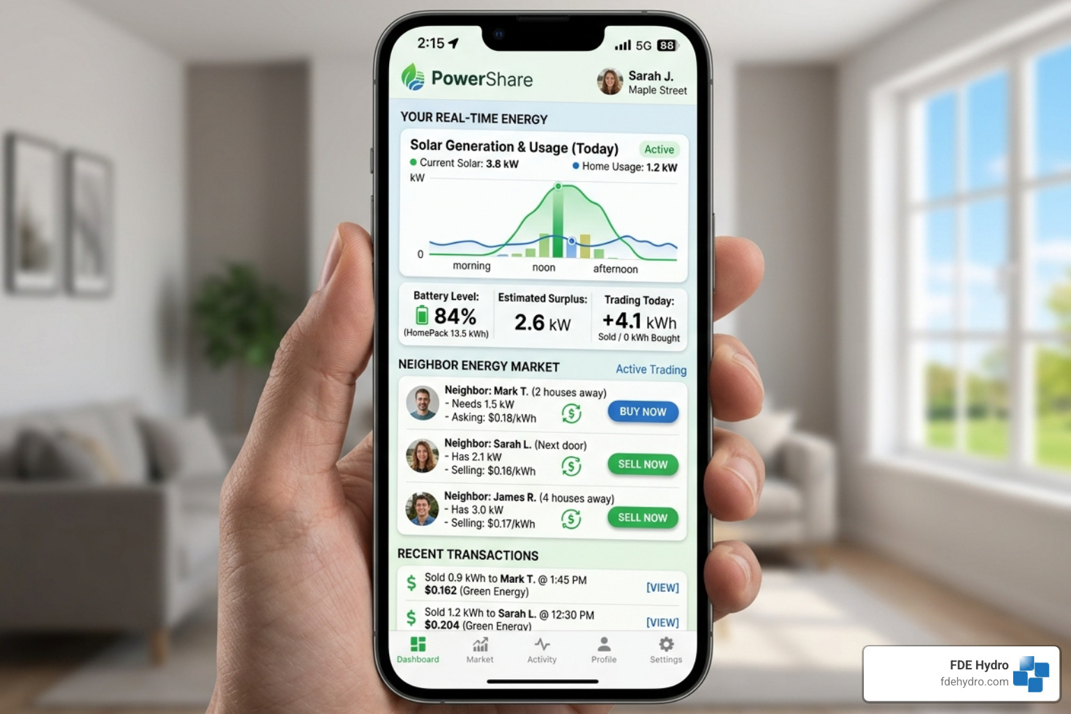 Mobile app interface for peer-to-peer energy trading showing real-time solar generation and sales to neighbors - Renewable