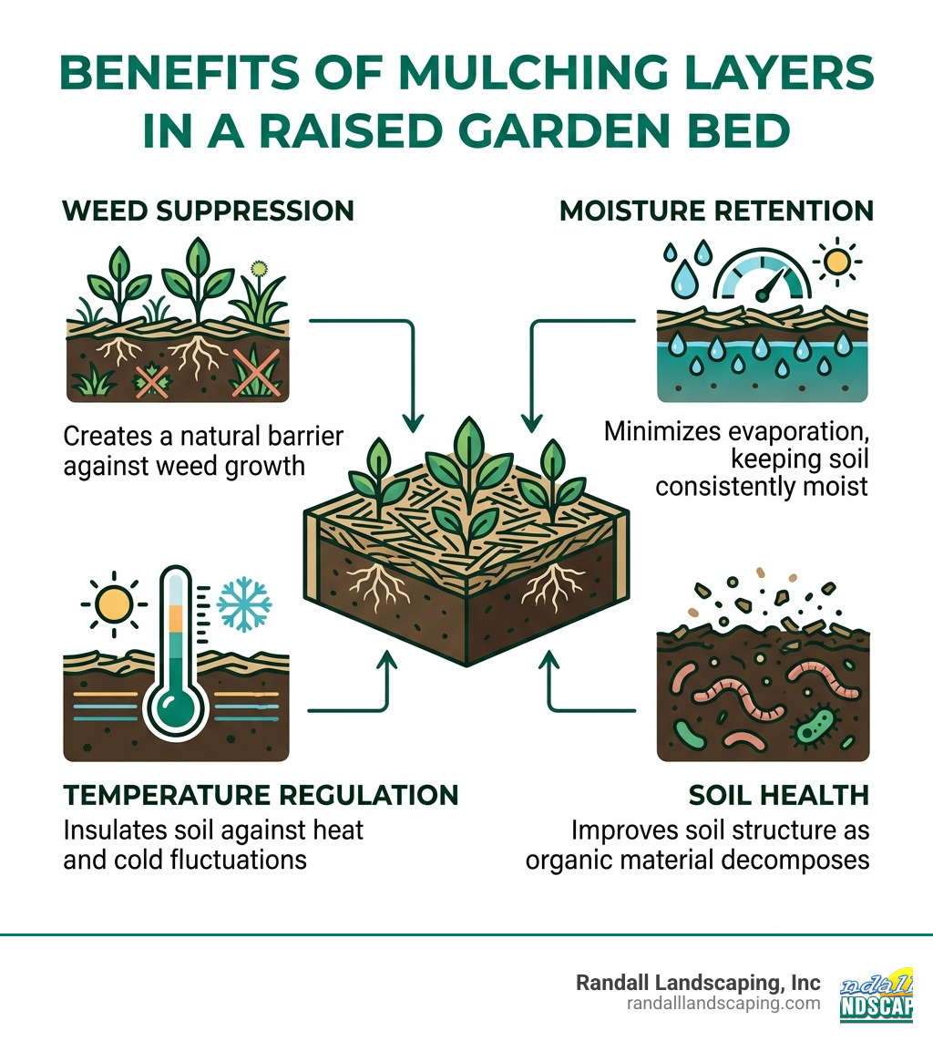 Infographic showing benefits of mulching layers in a raised garden bed: weed suppression, moisture retention, temperature