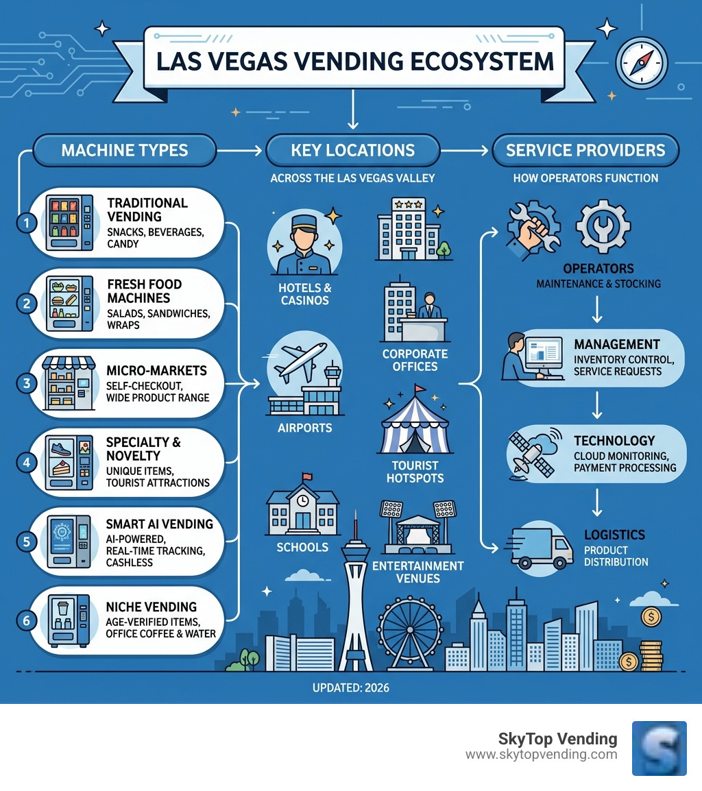 Las Vegas vending ecosystem infographic showing machine types, locations, and service providers - vending machines las vegas