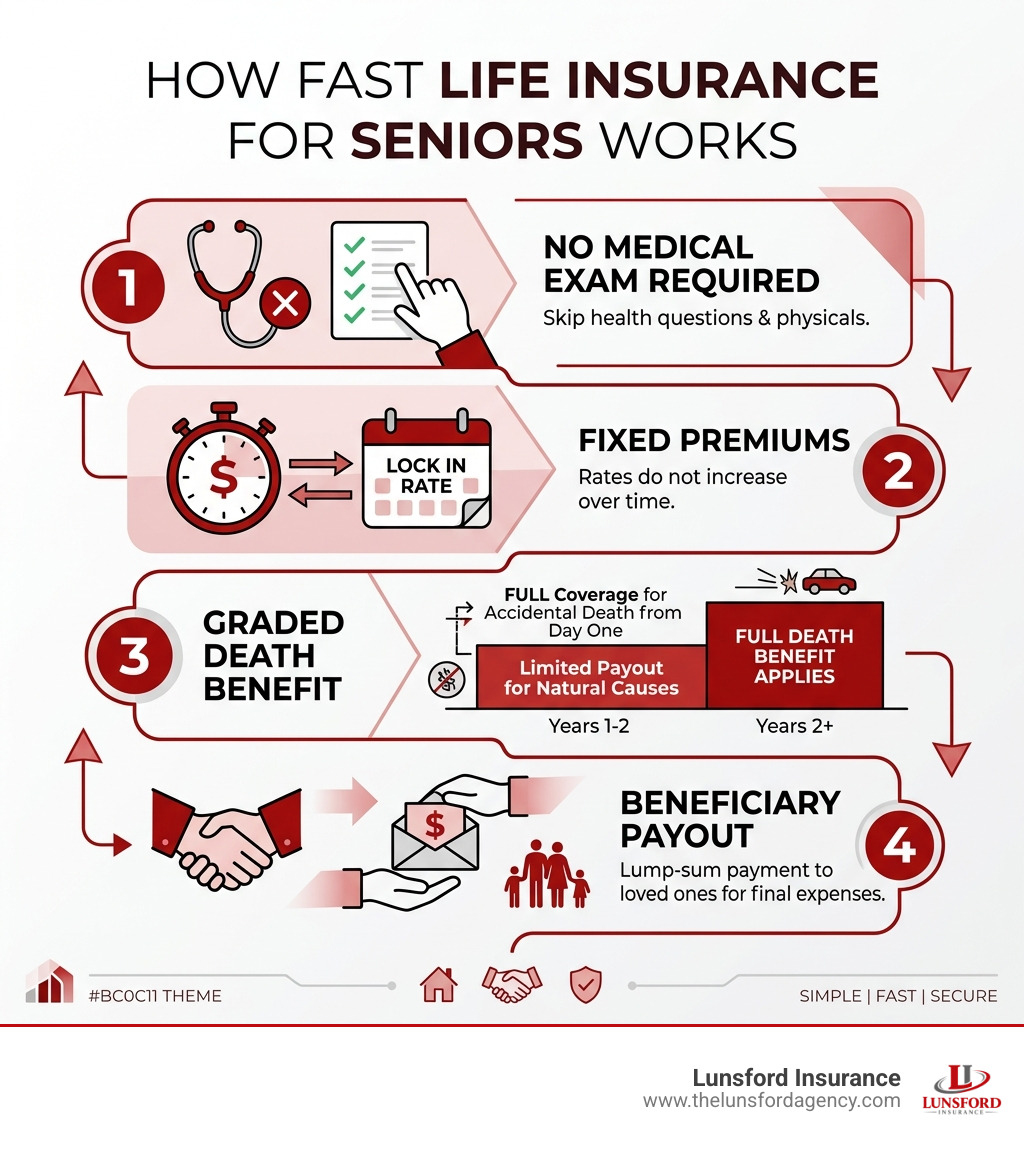 Infographic: How fast life insurance for seniors works — no exam, fixed premiums, graded death benefit, beneficiary payout