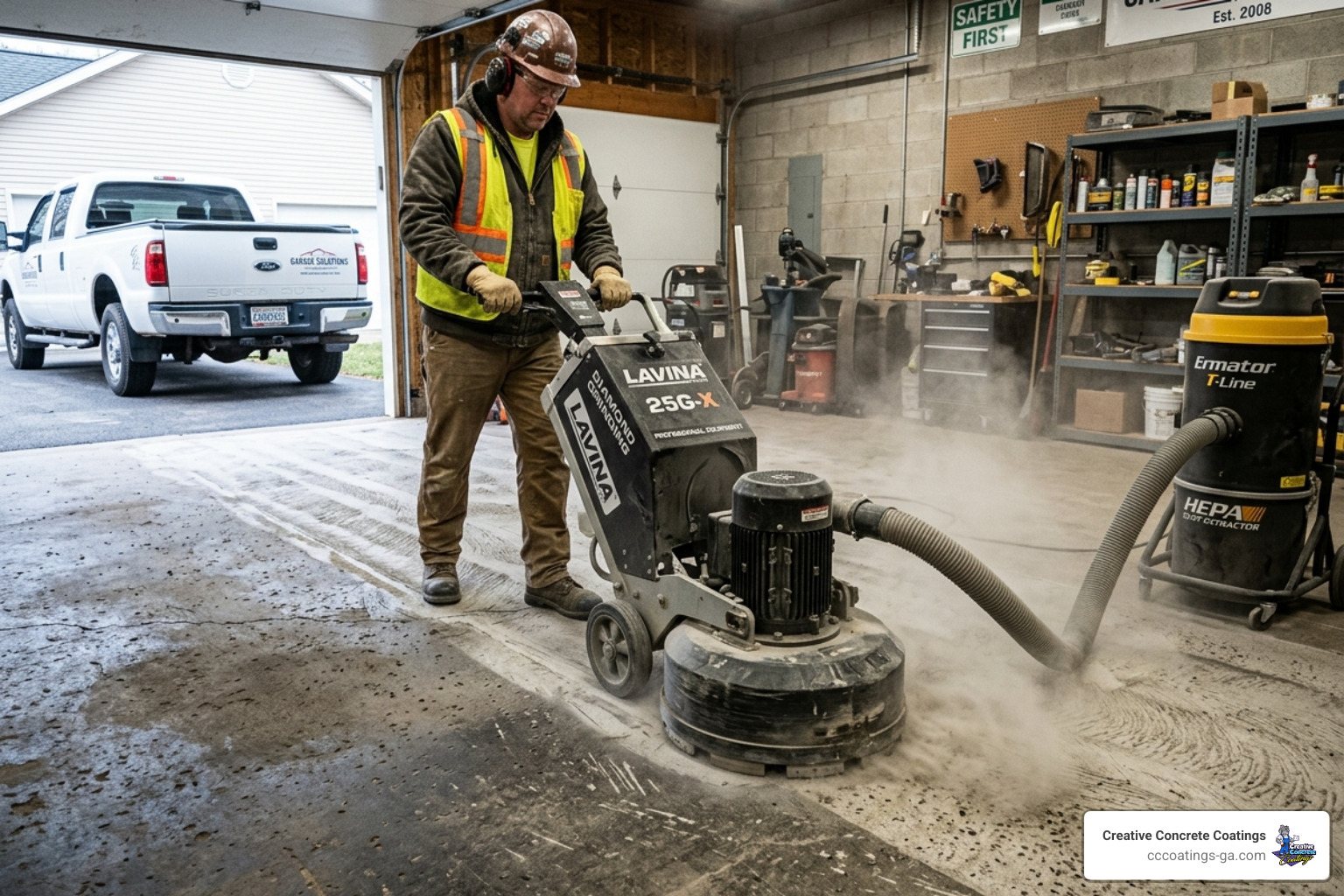 concrete floor being diamond ground by professional equipment - garage floor coating concrete floor being diamond ground by professional equipment - garage floor coating