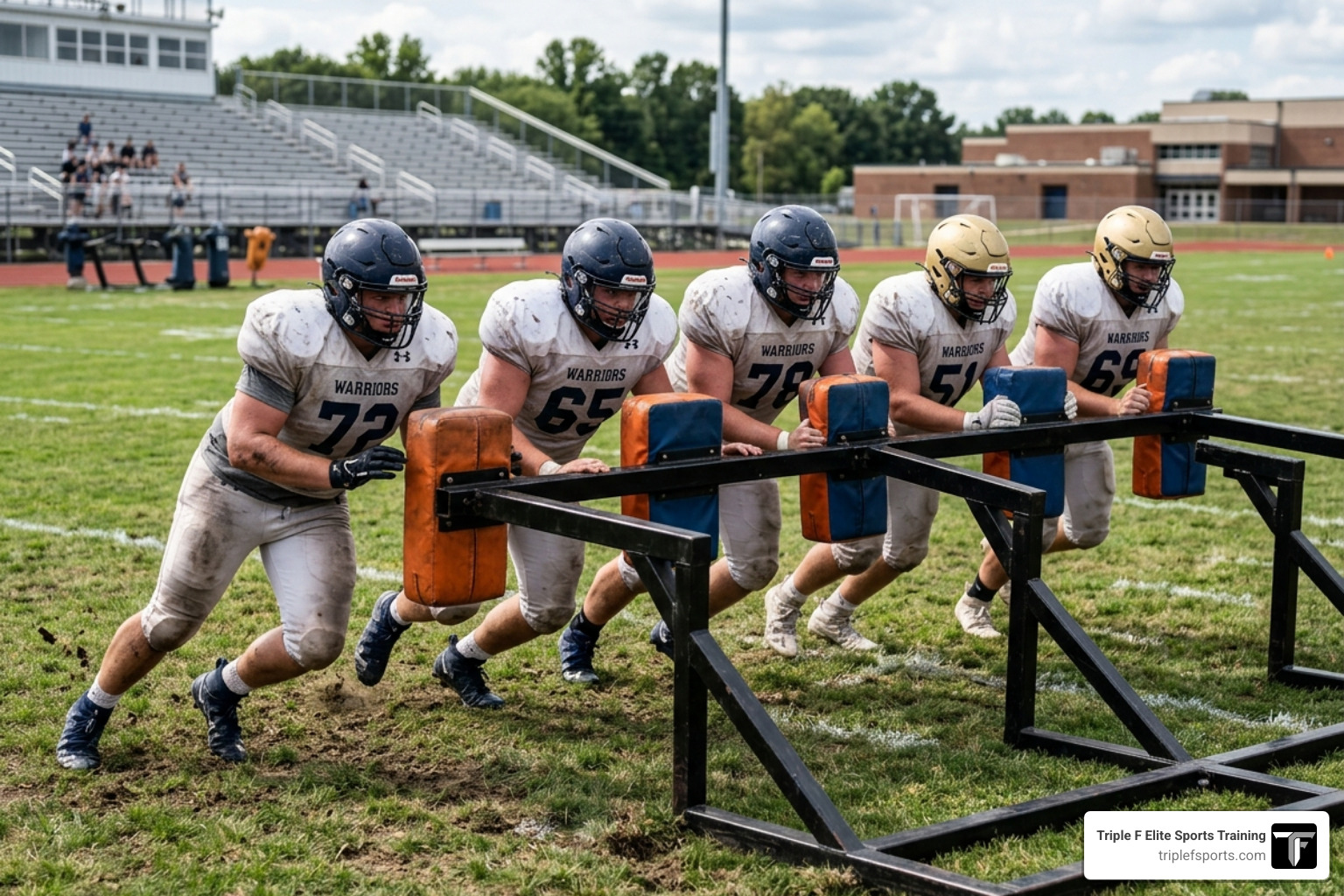 Offensive linemen using a five-man sled to build explosive power - Drive blocking drill Offensive linemen using a five-man sled to build explosive power - Drive blocking drill