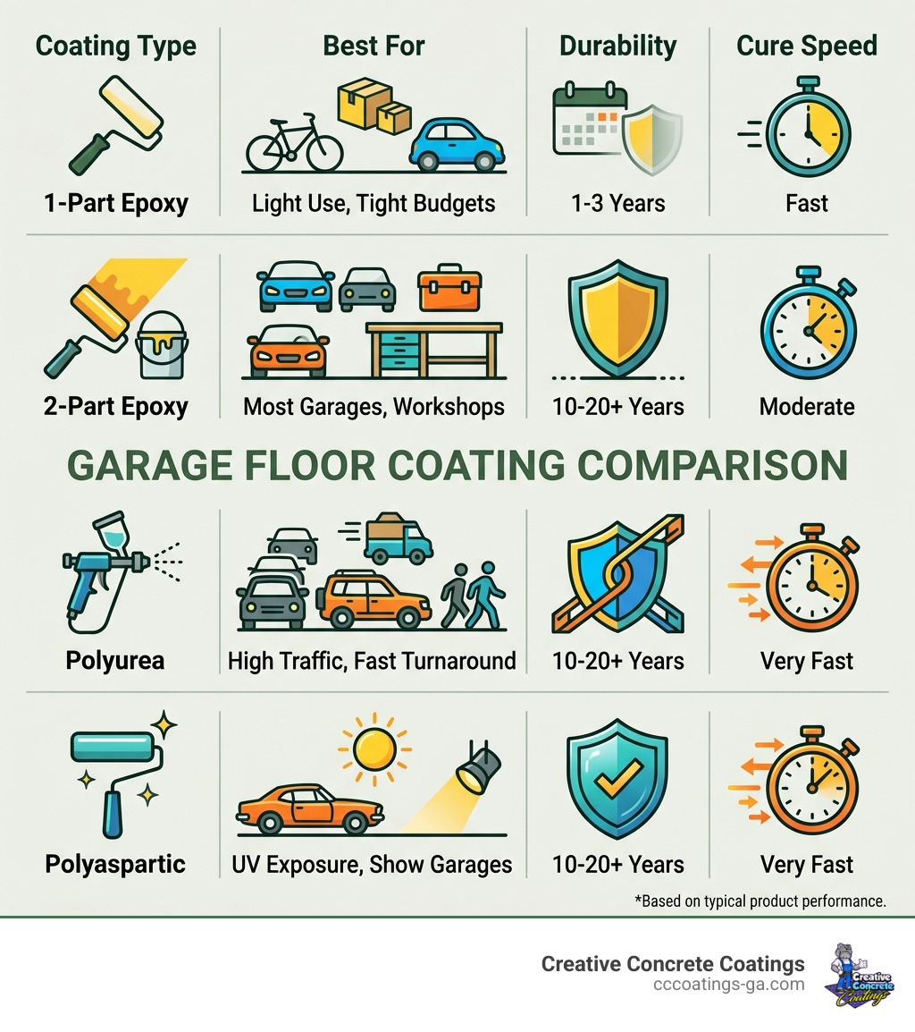 Infographic comparing garage floor coating types by durability, cure time, and best use case - garage floor coating Infographic comparing garage floor coating types by durability, cure time, and best use case - garage floor coating