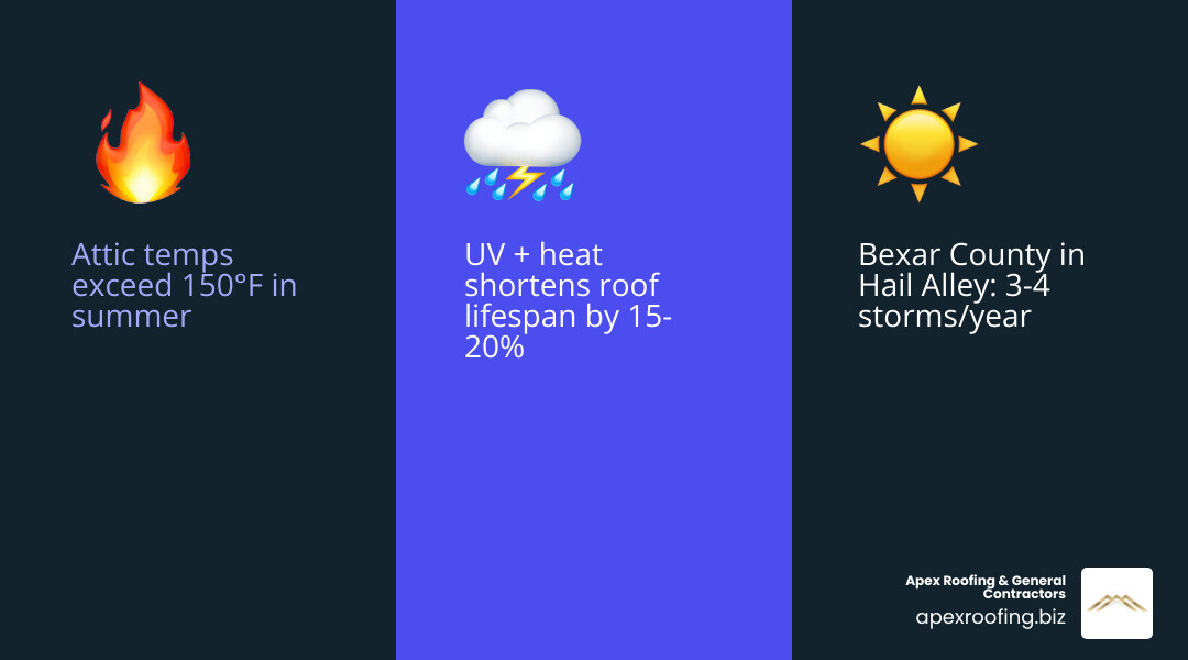 Infographic showing 15-20% reduction in San Antonio roof lifespan due to heat, hail, and UV exposure - Residential roof