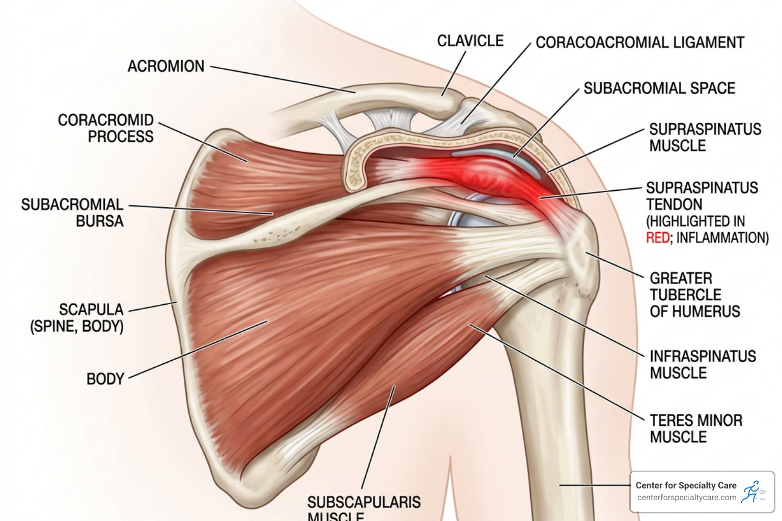 Anatomy of the shoulder showing the rotator cuff muscles and the inflamed supraspinatus tendon - ice or heat for rotator