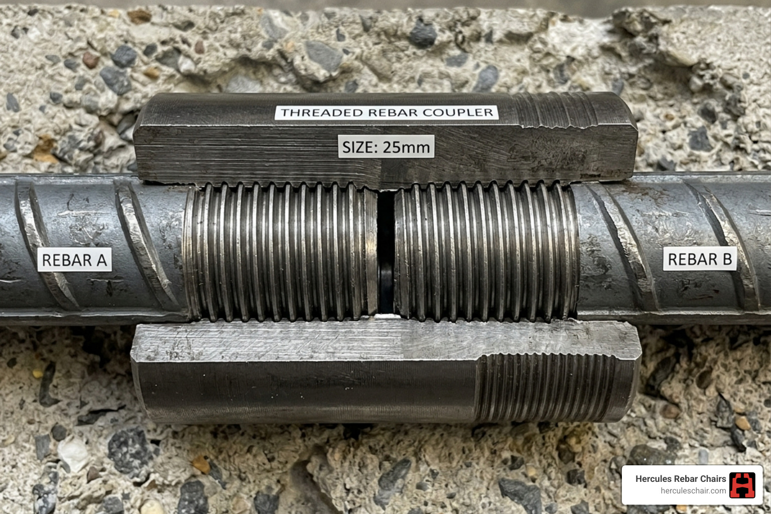 cross-section of a threaded rebar coupler showing internal threads and bar engagement - rebar couplers