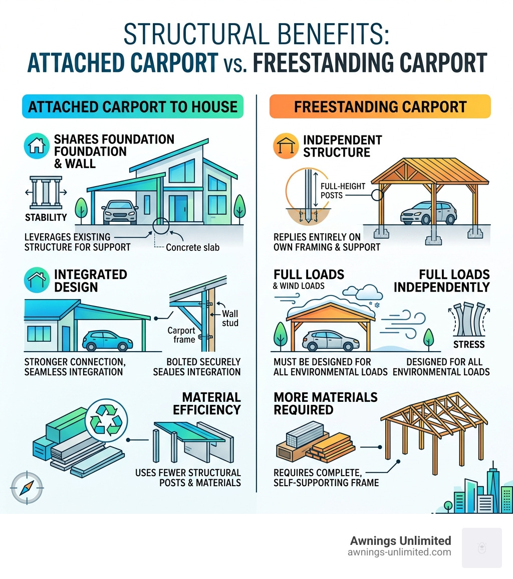 Structural benefits of attached carports versus freestanding carports infographic - carport attached to house infographic Structural benefits of attached carports versus freestanding carports infographic - carport attached to house infographic