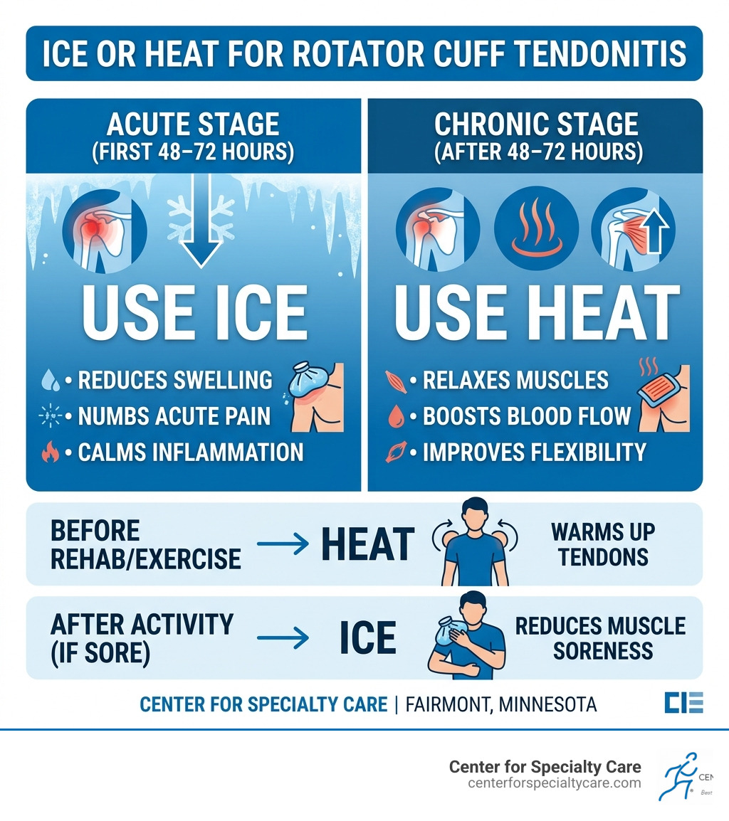 Infographic showing when to use ice vs heat for rotator cuff tendonitis based on injury stage - ice or heat for rotator cuff
