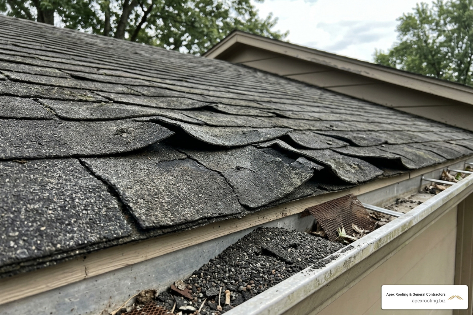 Close-up of curling asphalt shingles and heavy granule loss in a gutter - Residential roof installation San Antonio
