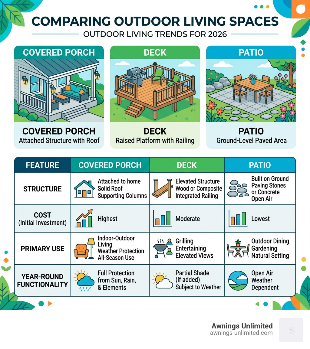 Infographic comparing covered porches, decks, and patios with key differences in structure, cost, and use - covered porch Infographic comparing covered porches, decks, and patios with key differences in structure, cost, and use - covered porch
