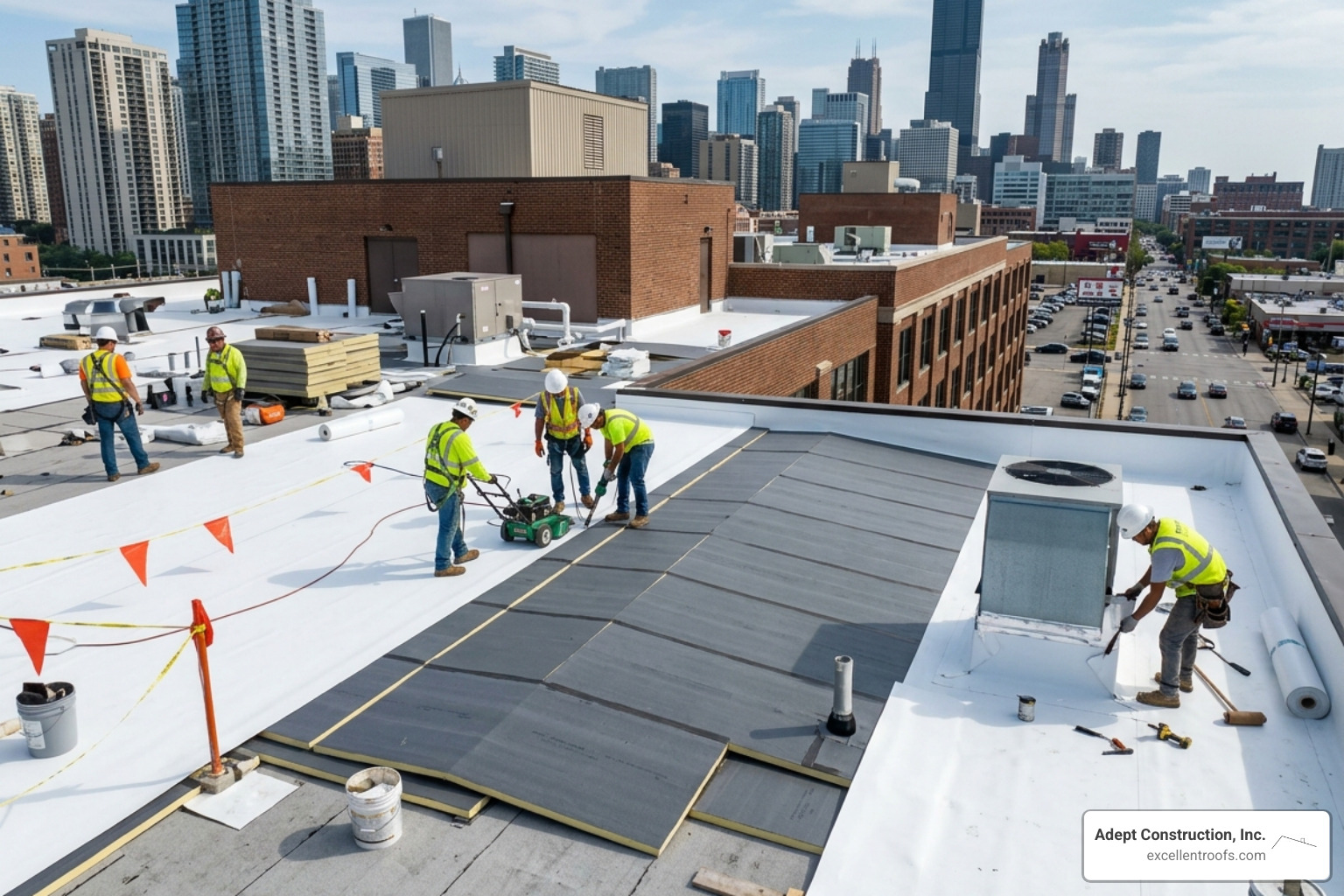Professional flat roof installation showing drainage and membrane layering - business roof services naperville Professional flat roof installation showing drainage and membrane layering - business roof services naperville