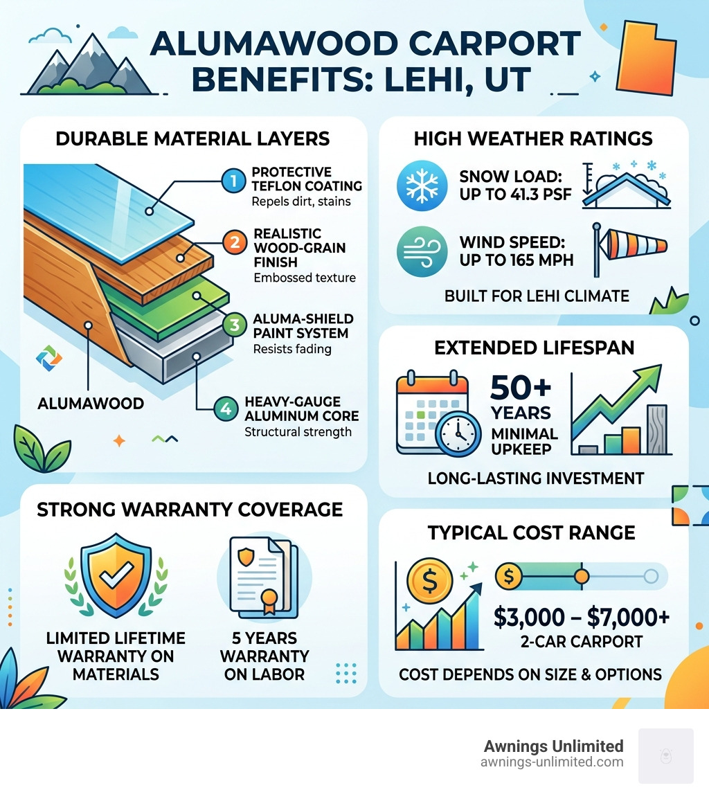 Infographic showing Alumawood carport benefits: material layers, weather ratings, lifespan, warranty, and cost range Infographic showing Alumawood carport benefits: material layers, weather ratings, lifespan, warranty, and cost range
