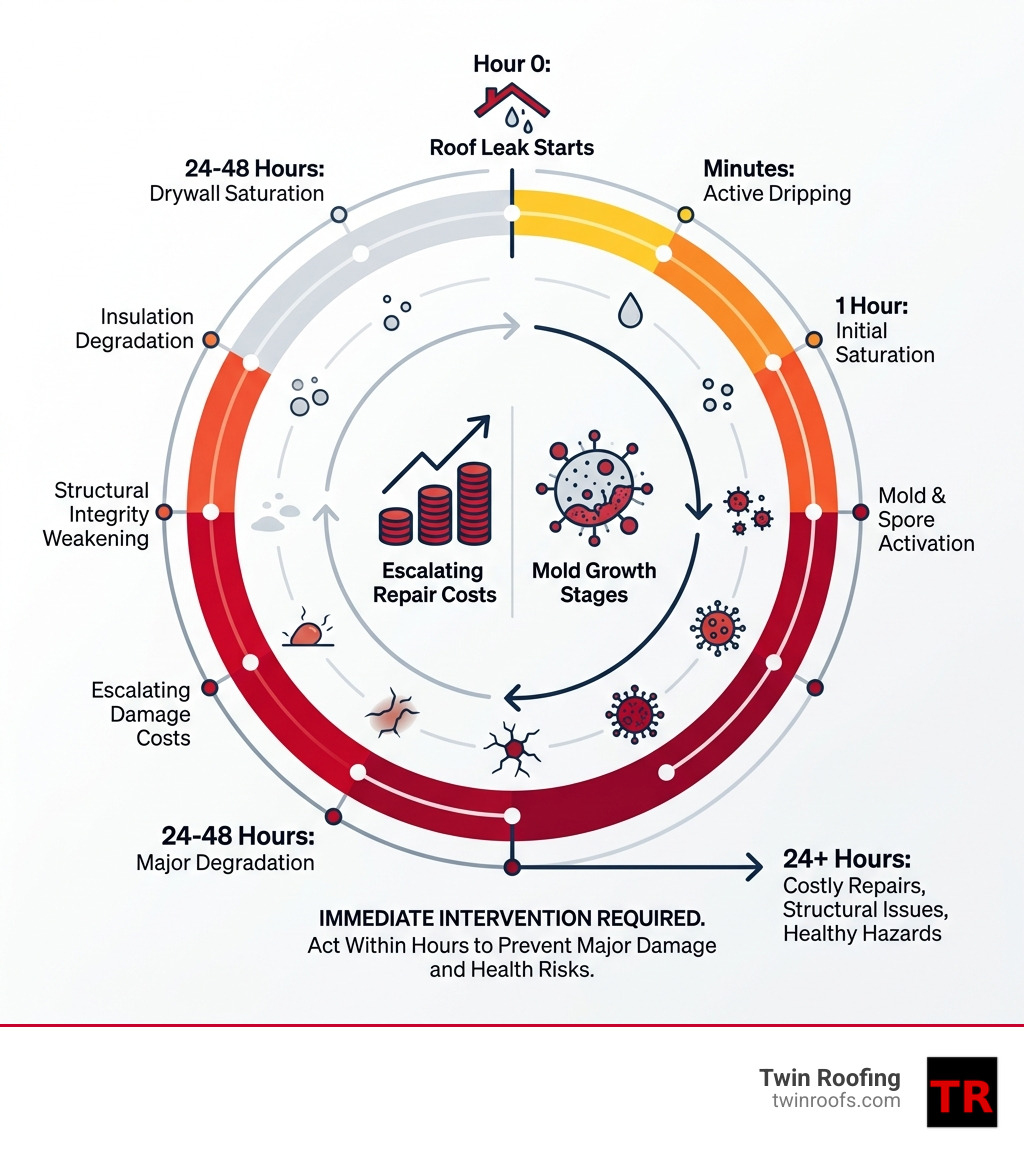 24-hour water damage timeline showing escalating damage costs and mold growth stages - quick fix for roof leak infographic 24-hour water damage timeline showing escalating damage costs and mold growth stages - quick fix for roof leak infographic