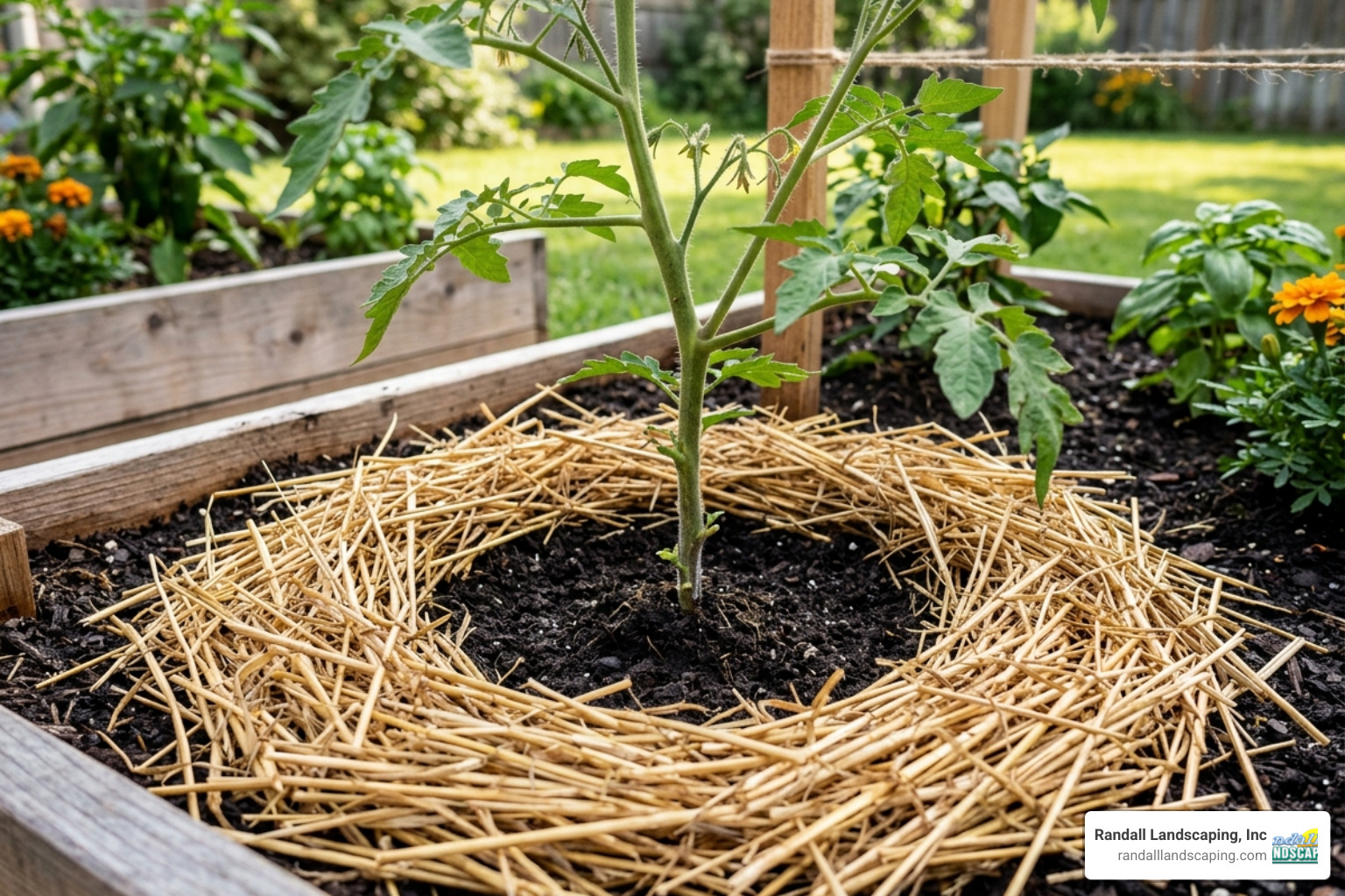 Mulch application showing space around plant stems - do you need mulch for a raised garden bed