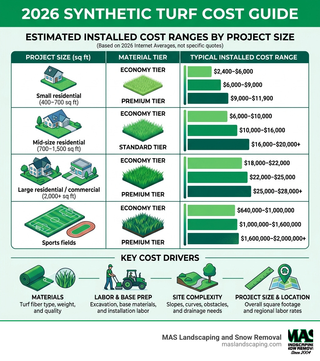 Infographic showing 2026 synthetic turf cost ranges by project size, material tier, and key cost factors - cost of synthetic