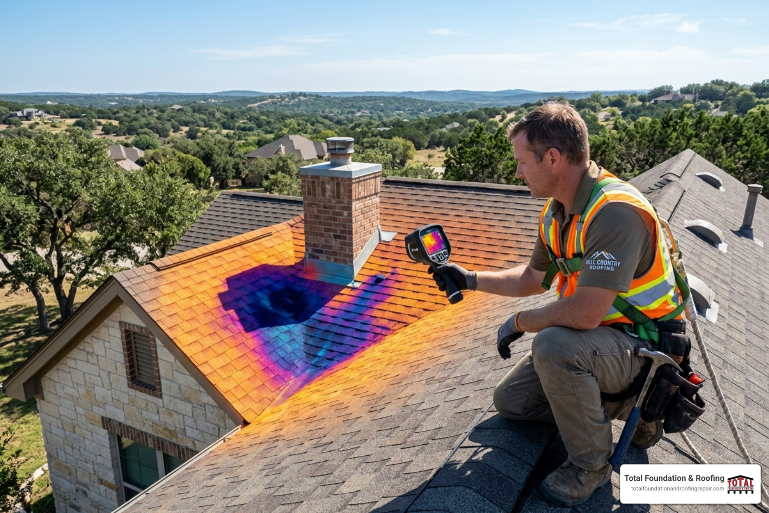 Professional roofer using thermal imaging to detect hidden roof leaks - comprehensive roof inspection Kerrville