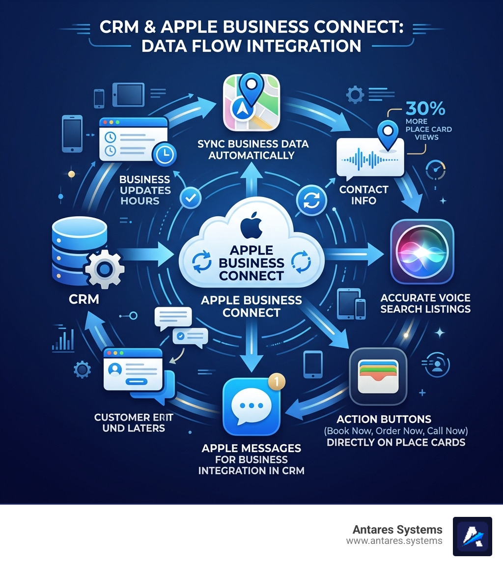 Infographic showing data flow between CRM and Apple Business Connect across Maps, Siri, Wallet, and Messages - Apple