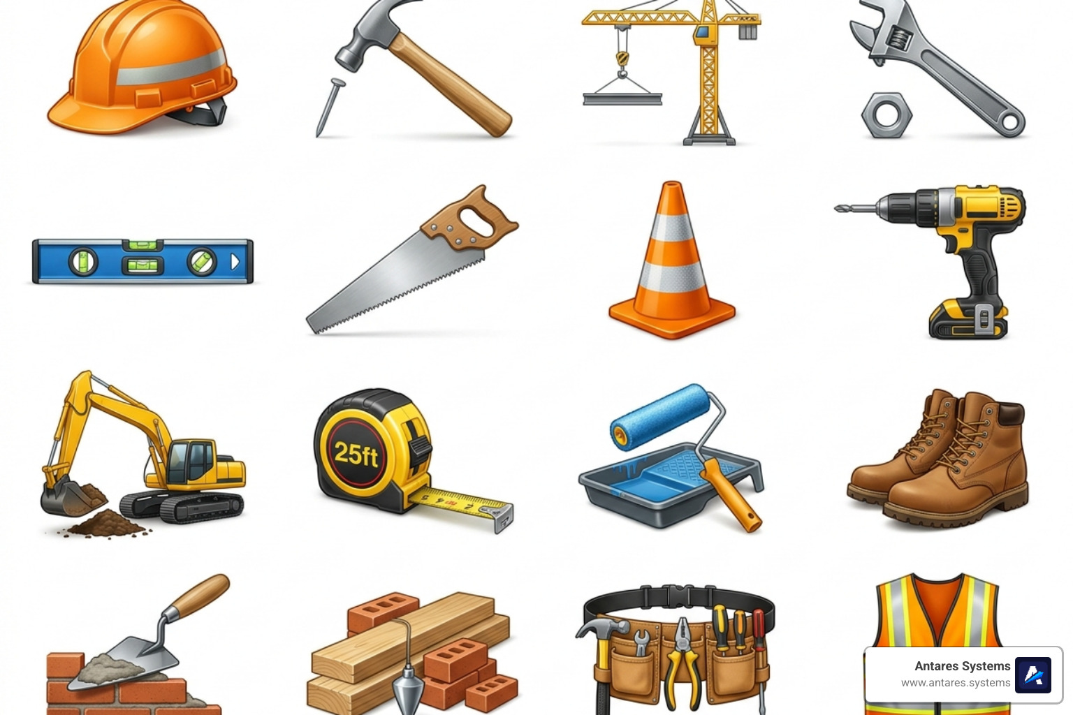 various construction symbols like hammers and cranes used in contractor logos - general contractor logos