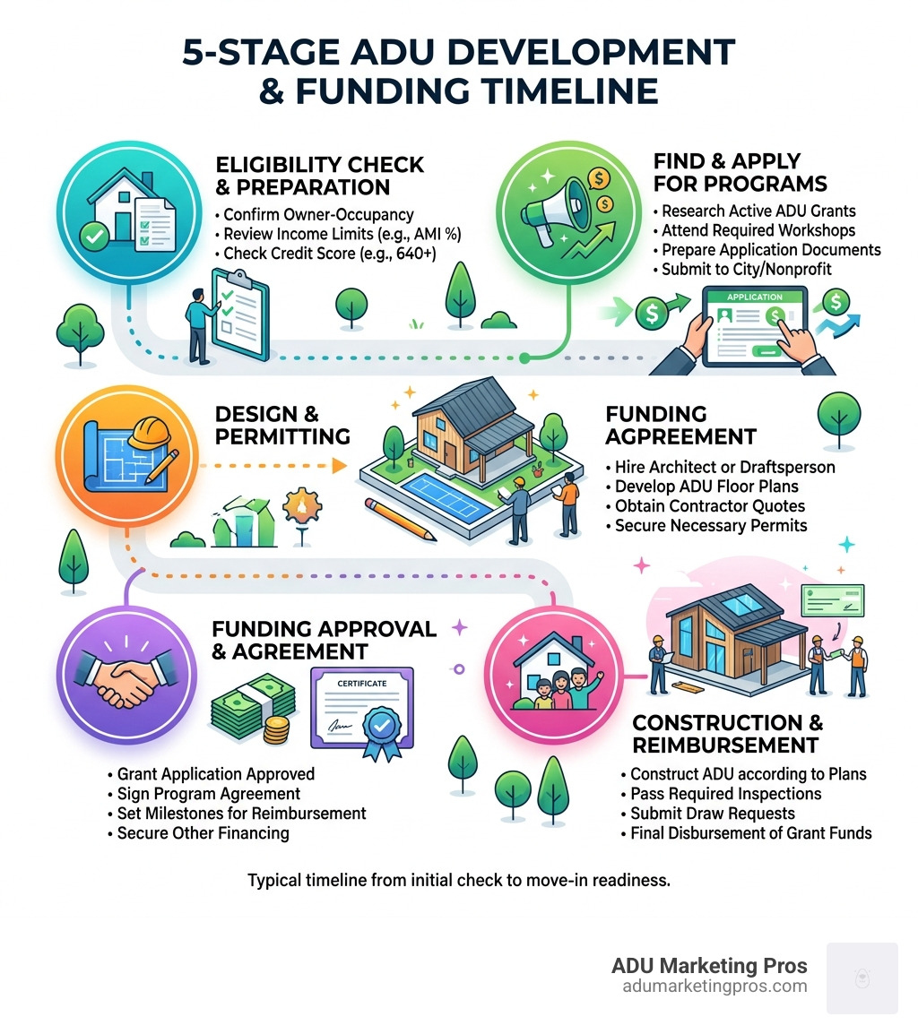 5-stage ADU development and funding timeline infographic from eligibility check to construction completion - ADU grant