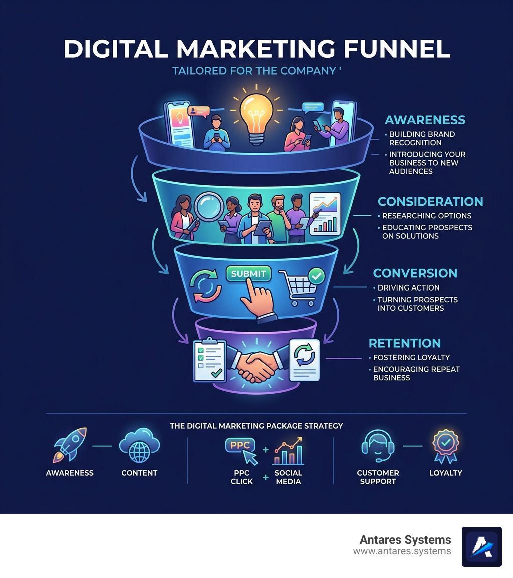 Digital marketing funnel showing awareness, consideration, conversion, and retention stages - digital marketing packages
