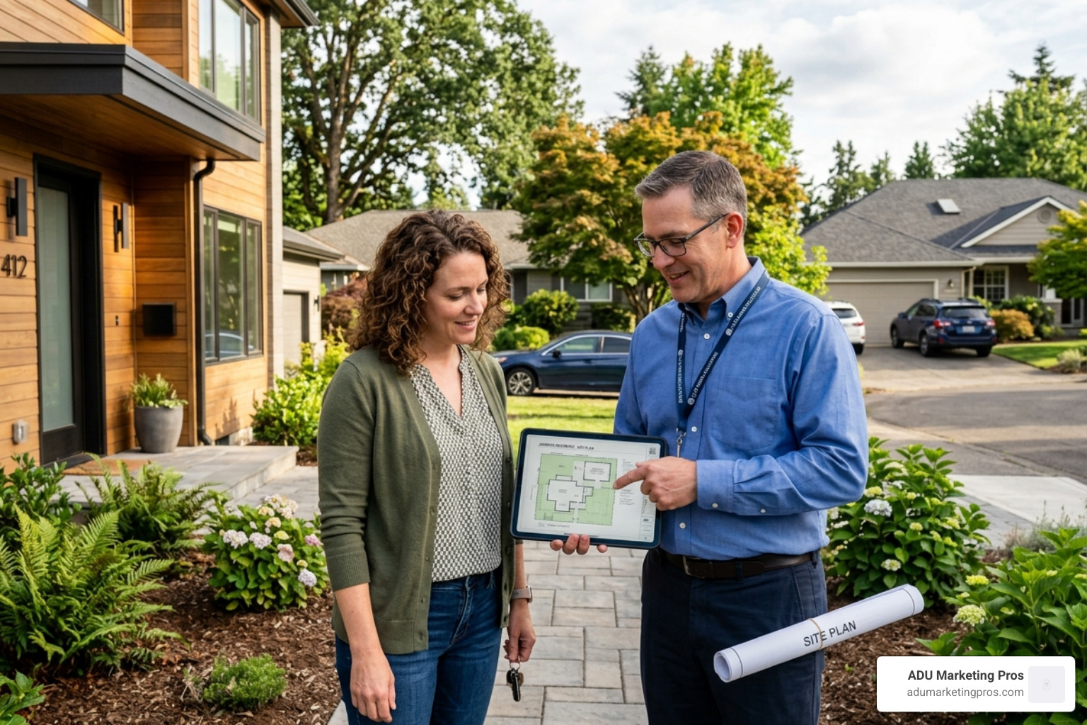 Homeowner and consultant reviewing a site plan on a tablet for an ADU project - ADU grant application