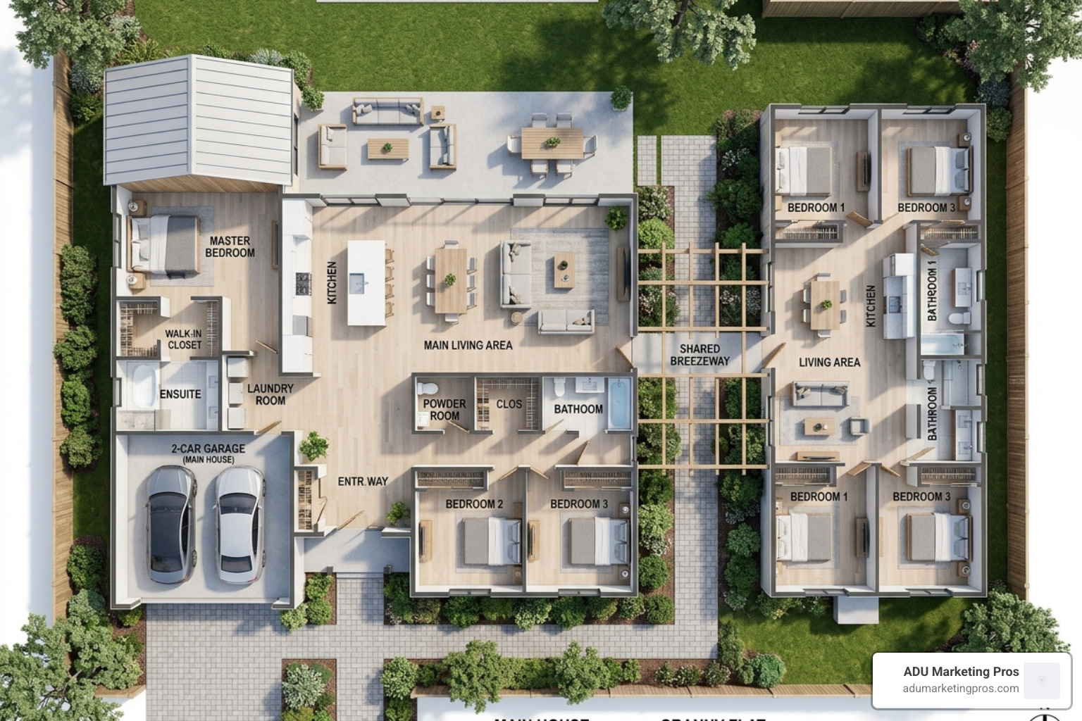 Architectural floor plan showing a 3-bedroom main house connected to a 3-bedroom secondary dwelling via a shared breezeway Architectural floor plan showing a 3-bedroom main house connected to a 3-bedroom secondary dwelling via a shared breezeway