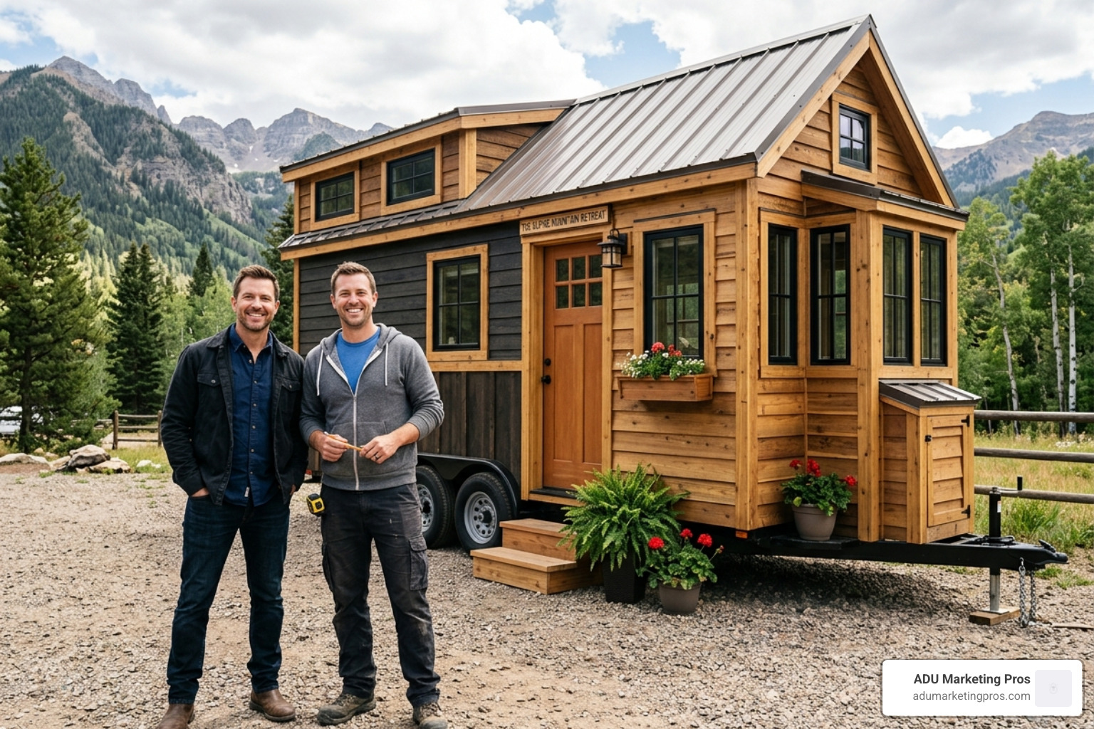 Hosts John Weisbarth and Zack Giffin standing in front of a completed tiny house project - tiny home nation
