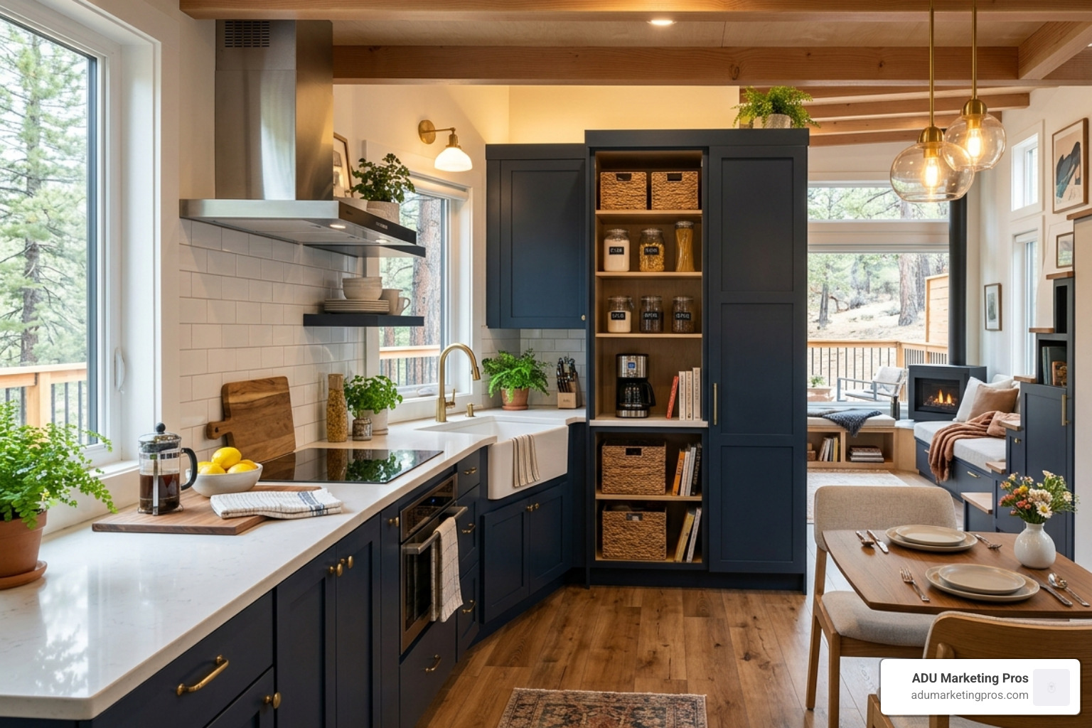 An interior shot of a luxury prefab tiny home showing a high-end kitchen with a farmhouse sink and hidden pantry - prefab