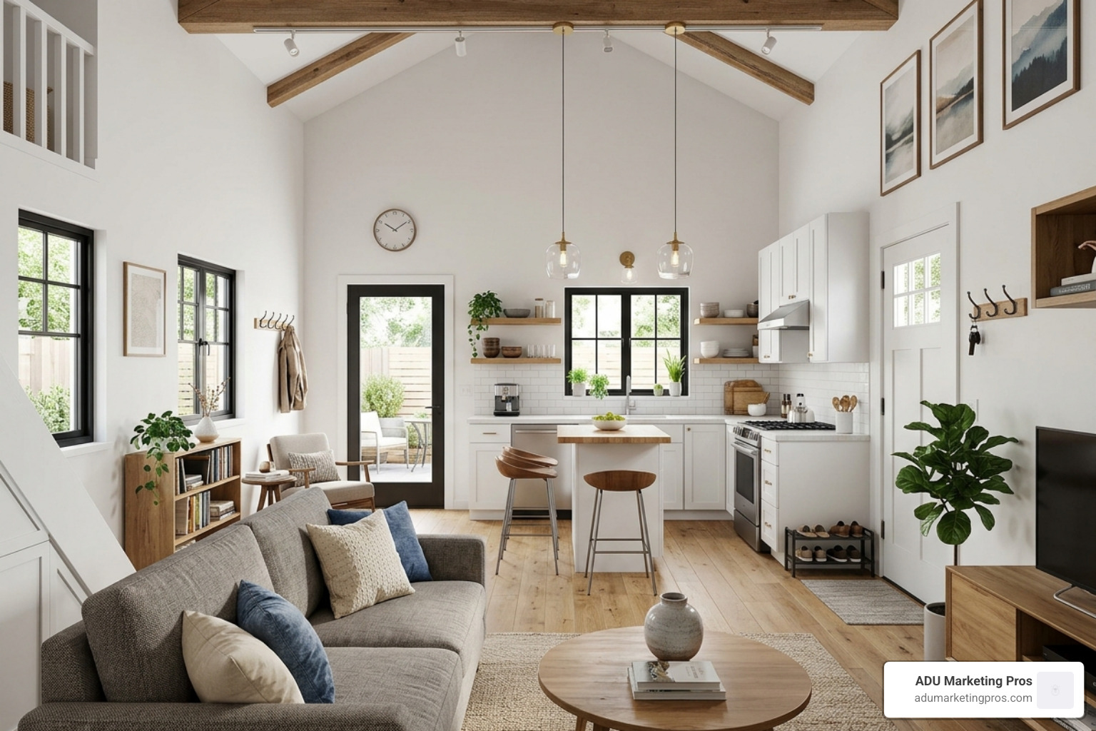 Interior of a 500-square-foot ADU featuring a high-ceiling living room and a compact modern kitchen - Local ADU builders