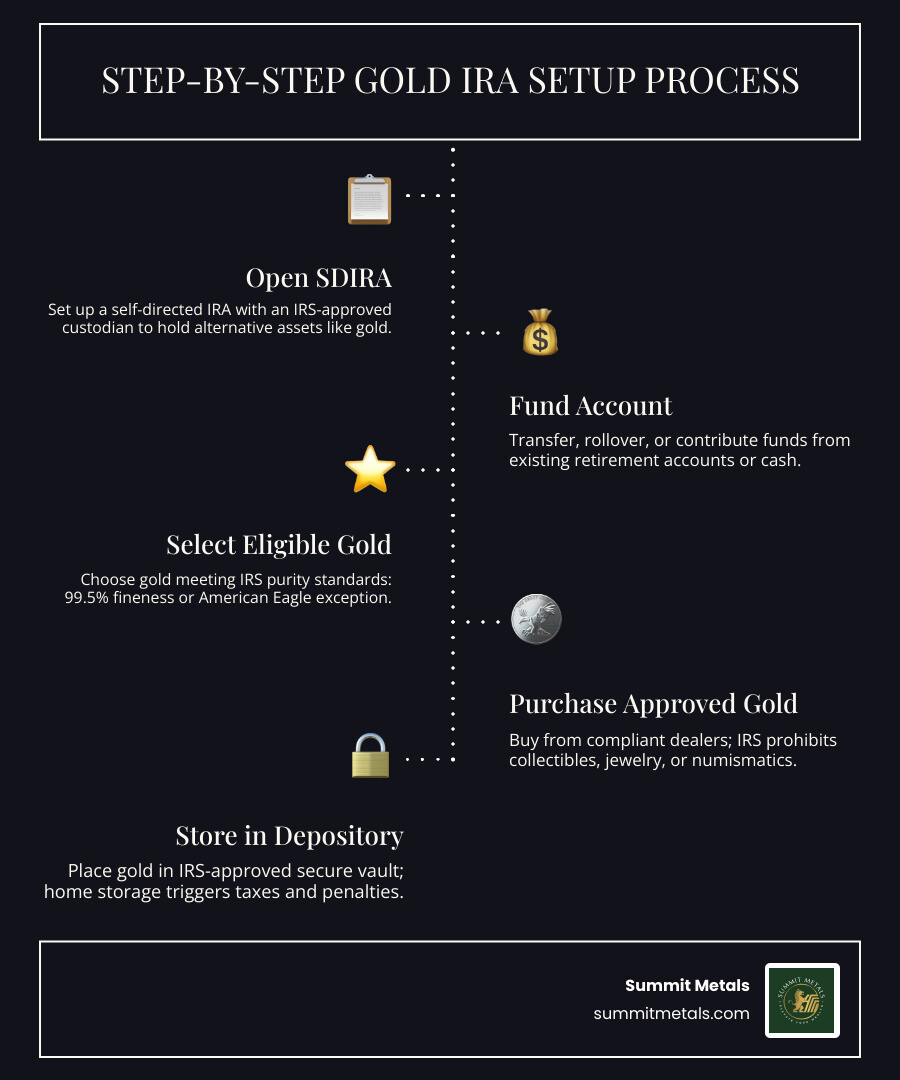 Step-by-step Gold IRA setup process infographic with purity standards and eligible products - what does ira eligible gold