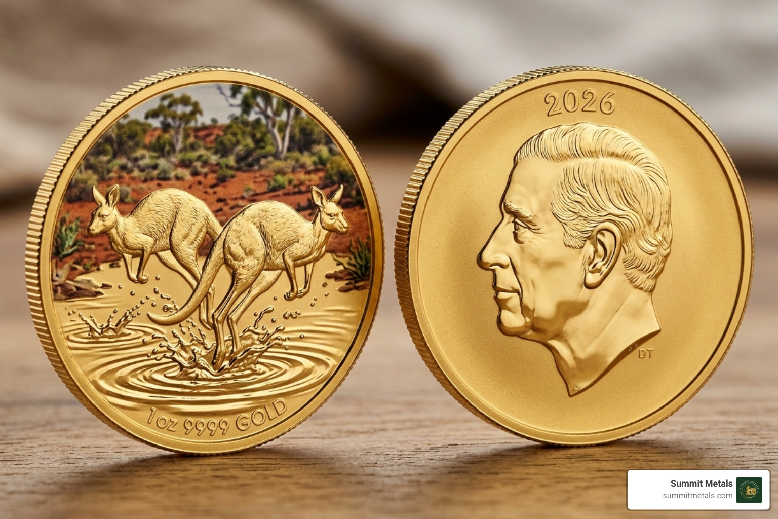 Close up of the 2026 Australian Gold Kangaroo showing the two kangaroos leaping through water and the King Charles III Close up of the 2026 Australian Gold Kangaroo showing the two kangaroos leaping through water and the King Charles III