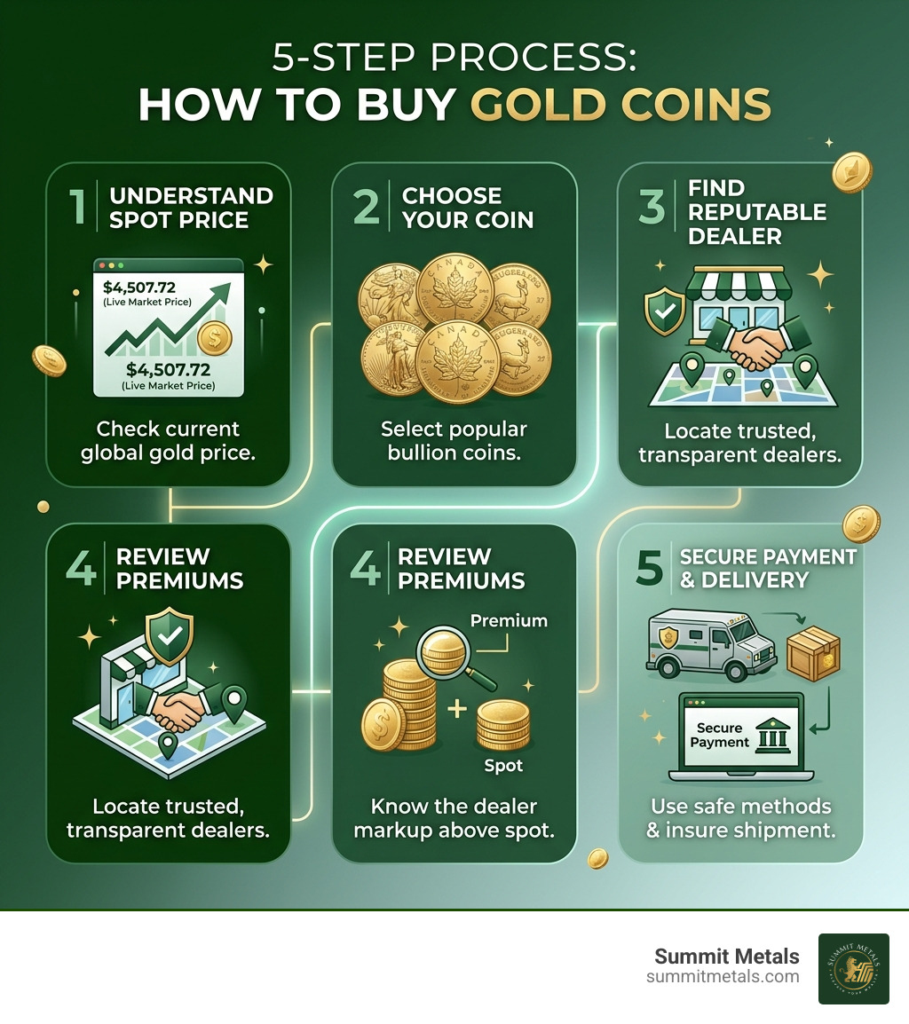 infographic explaining the 5-step process to buy gold coins - coin buy gold infographic 