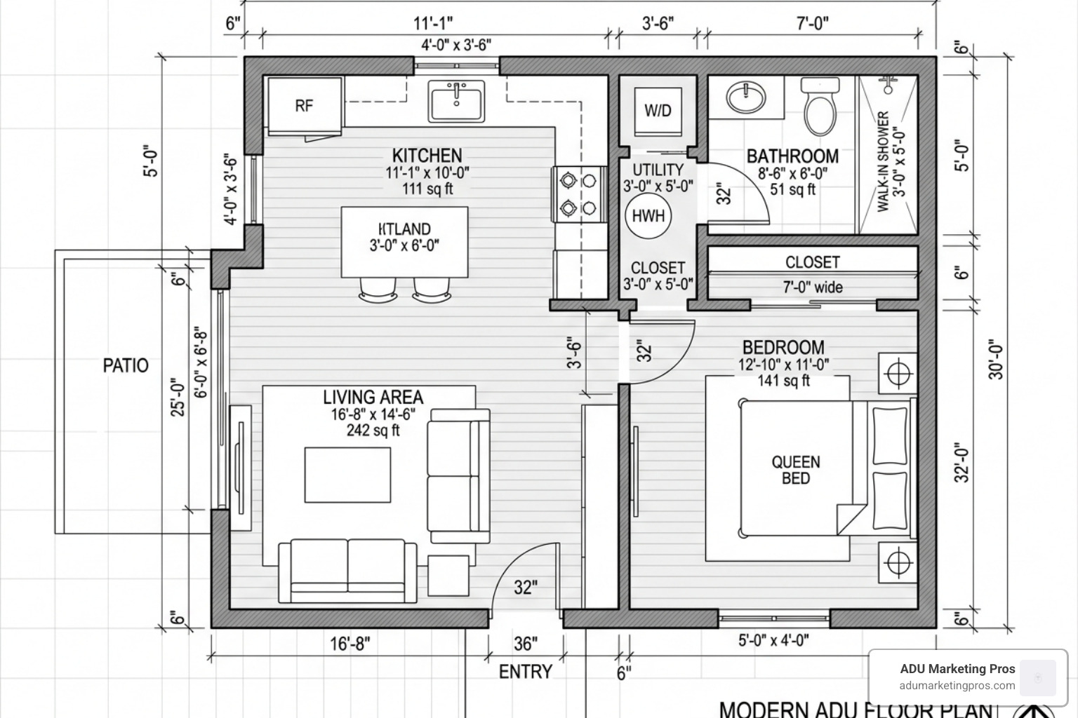 2D architectural floor plan of a 750 square foot one-bedroom ADU - granny flat plans