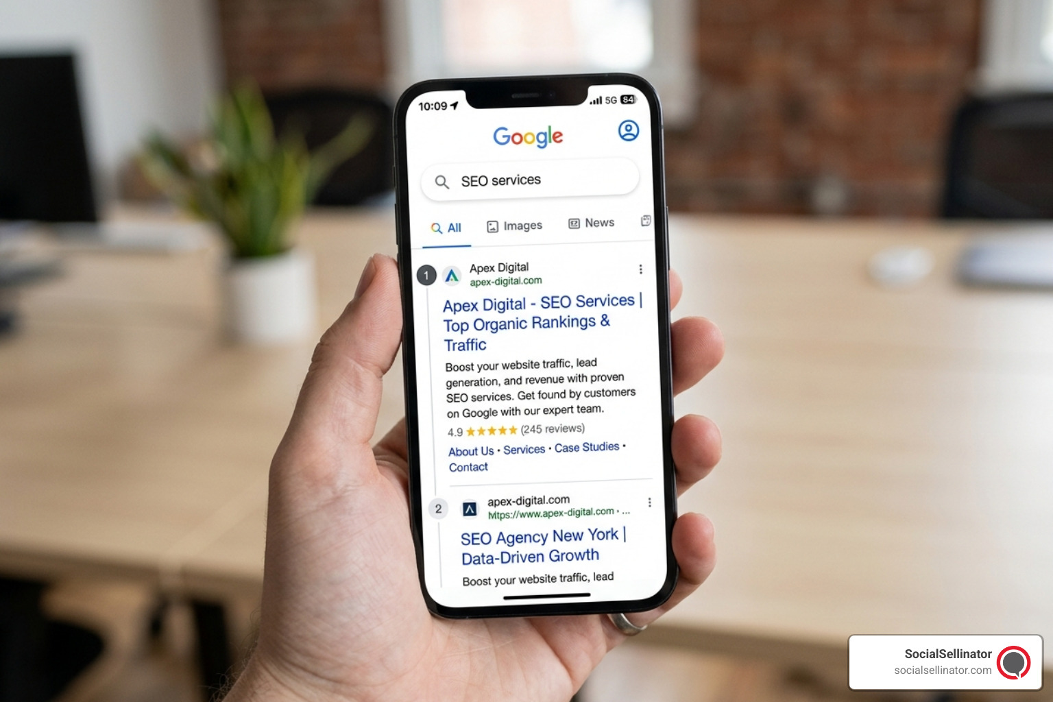 A mobile phone screen showing a fast-loading website with high search rankings - serp seo ranking
