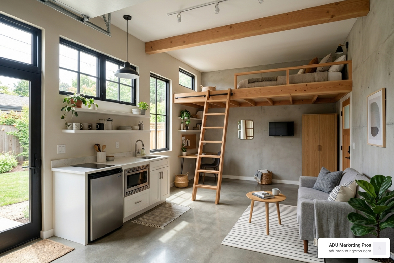 Interior view of a 400 sq ft garage studio featuring a lofted bed, compact kitchenette, and polished concrete floors - cost