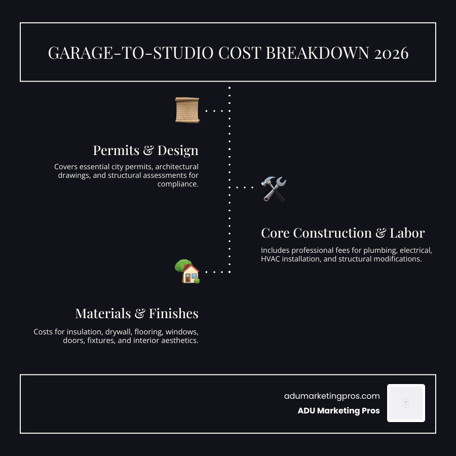 A visual flowchart showing the 2026 cost breakdown of a garage-to-studio conversion, including permits, labor, and materials