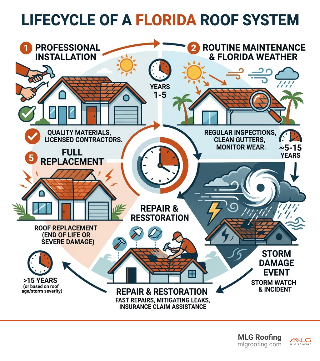 Lifecycle of a Florida roof system from installation through storm damage repair and replacement - Roofing company Palm Bay